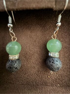Green Jade & Black Lava Bead Drop Earrings